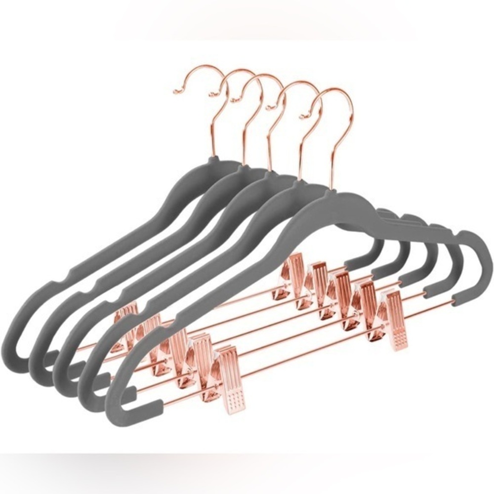Premium Velvet Space Saver Hangers w/ Clips Rose Gold Hooks, Grey (20 pack)